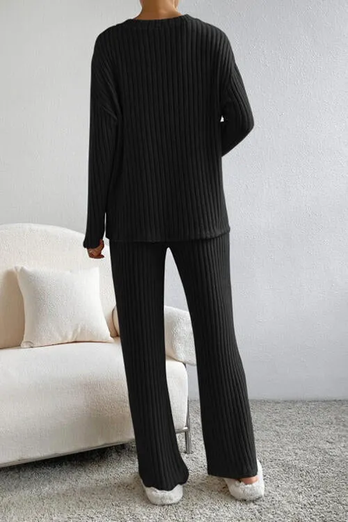 Ribbed V-Neck Top and Pants Set (5 Colors)