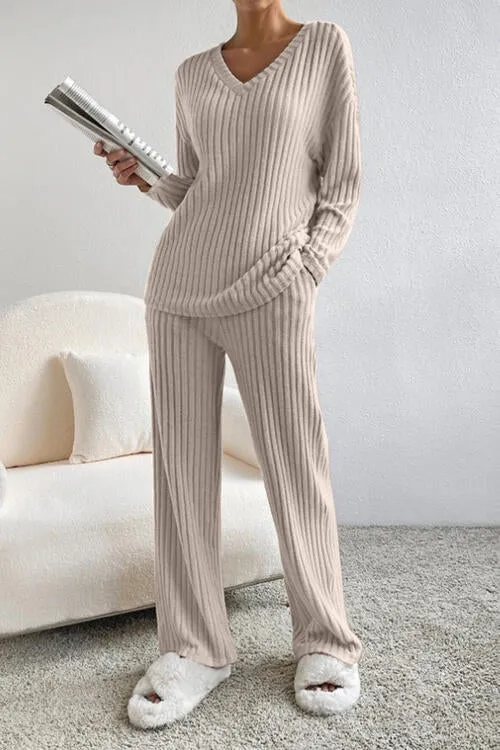 Ribbed V-Neck Top and Pants Set (5 Colors)