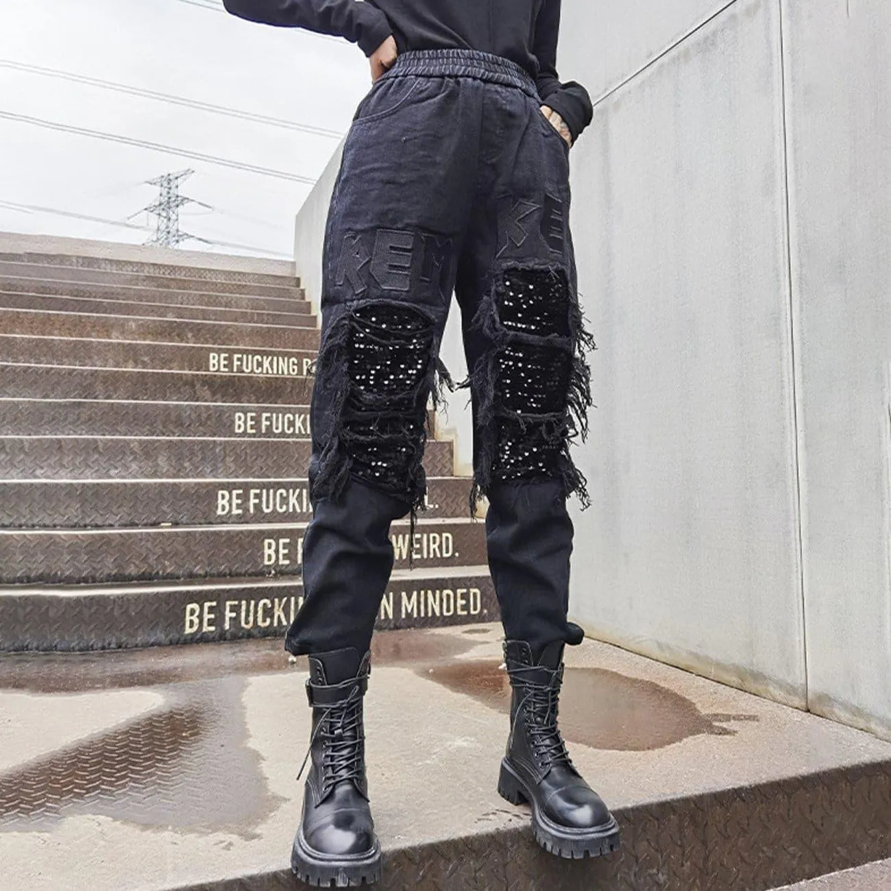 Ripped Sequined Embroidered Patchwork Jeans