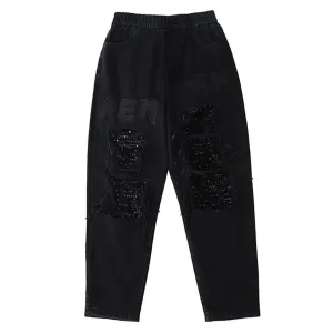 Ripped Sequined Embroidered Patchwork Jeans