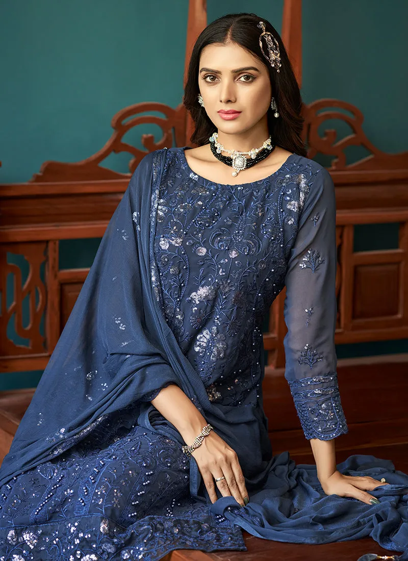 Royal Blue Sequence Embroidery Pakistani Pant Style Suit