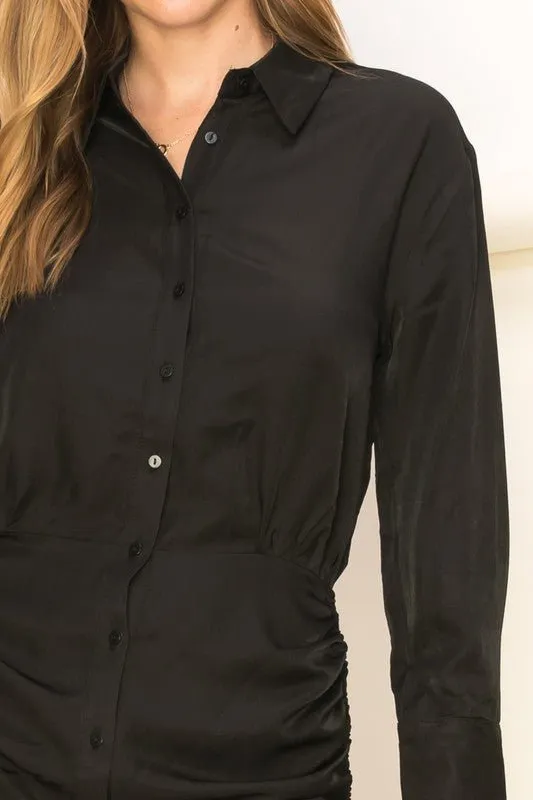 Ruched Button-Front Shirt Dress