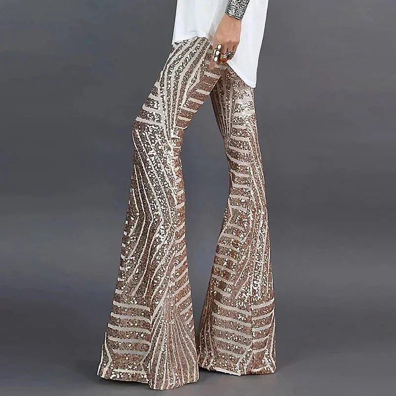 Sequin High Waist Skinny Flare Pants Streetwear Wild Basic Slim 2024 Trend Patchwork Casual Summer New Women's Pants