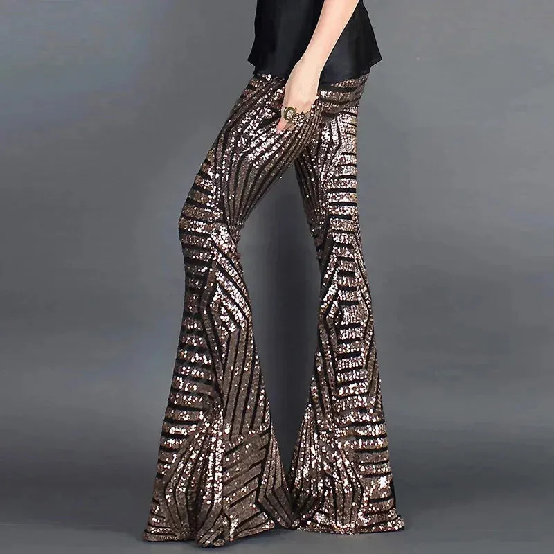 Sequin High Waist Skinny Flare Pants Streetwear Wild Basic Slim 2024 Trend Patchwork Casual Summer New Women's Pants