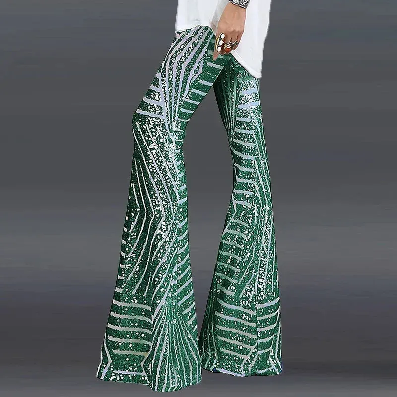 Sequin High Waist Skinny Flare Pants Streetwear Wild Basic Slim 2024 Trend Patchwork Casual Summer New Women's Pants