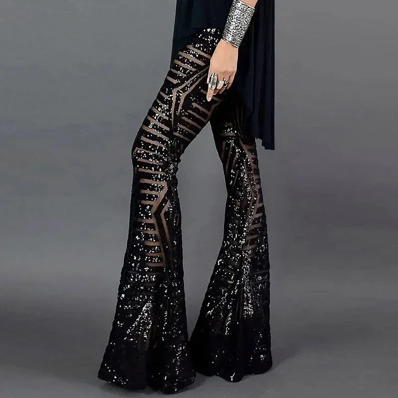 Sequin High Waist Skinny Flare Pants Streetwear Wild Basic Slim 2024 Trend Patchwork Casual Summer New Women's Pants