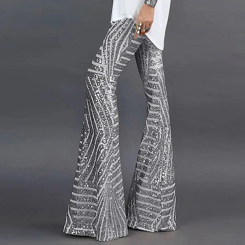 Sequin High Waist Skinny Flare Pants Streetwear Wild Basic Slim 2024 Trend Patchwork Casual Summer New Women's Pants