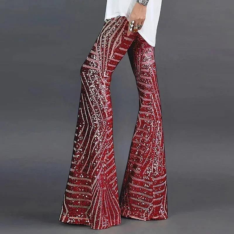 Sequin High Waist Skinny Flare Pants Streetwear Wild Basic Slim 2024 Trend Patchwork Casual Summer New Women's Pants