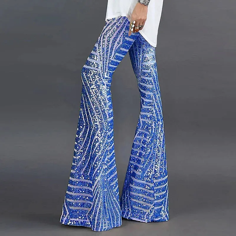 Sequin High Waist Skinny Flare Pants Streetwear Wild Basic Slim 2024 Trend Patchwork Casual Summer New Women's Pants