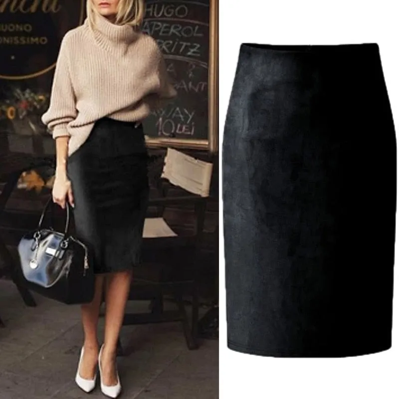 Sexy Multi Color Suede Midi Pencil Skirt Women