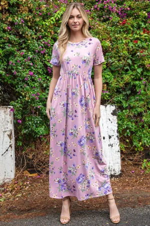 SHORT SLEEVE FLORAL ELASTIC WAIST MAXI DRESS