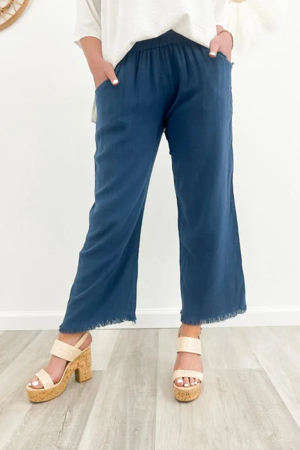 Slate Blue Wide Leg Elastic Frayed Pants