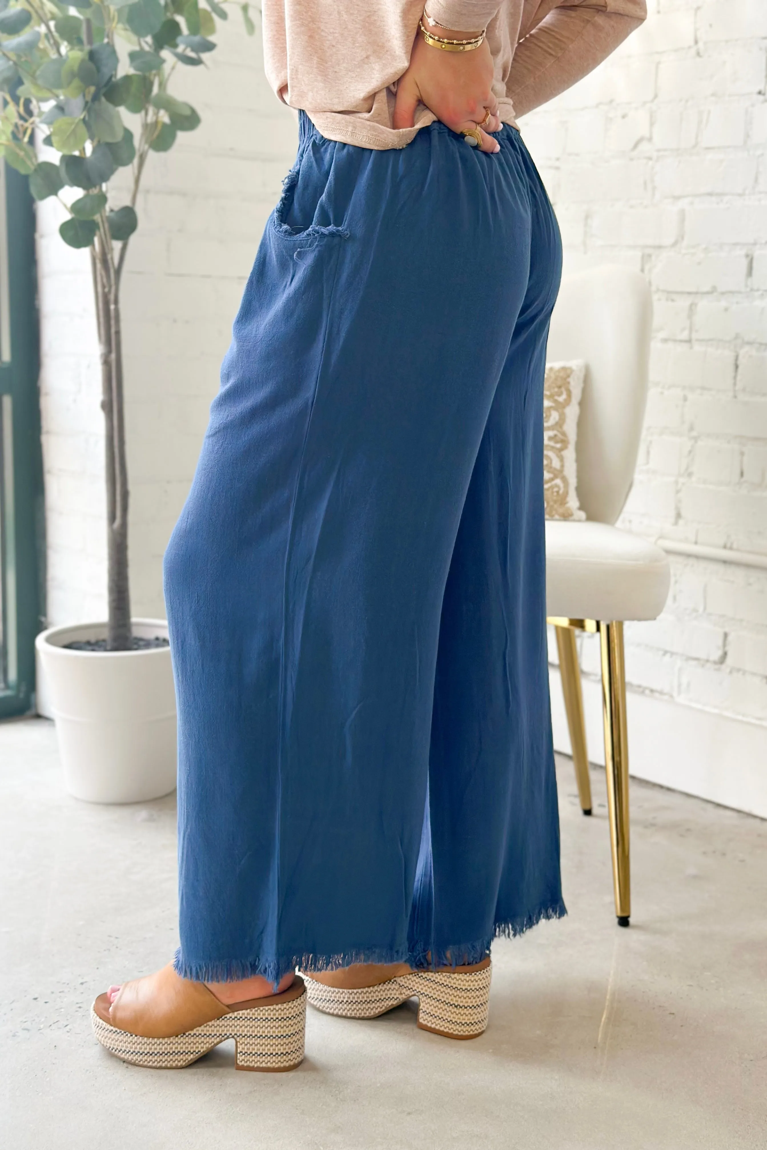 Slate Blue Wide Leg Elastic Frayed Pants