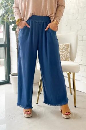 Slate Blue Wide Leg Elastic Frayed Pants