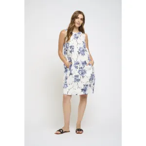 Sleeveless Linen Gathered Dress in Blue Vine Roses