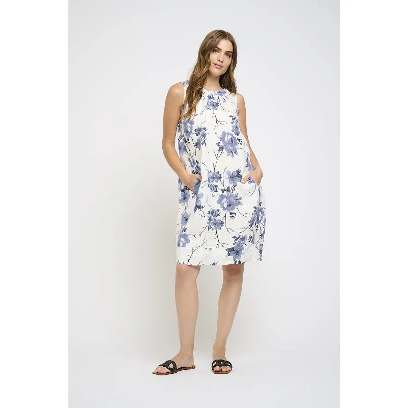 Sleeveless Linen Gathered Dress in Blue Vine Roses