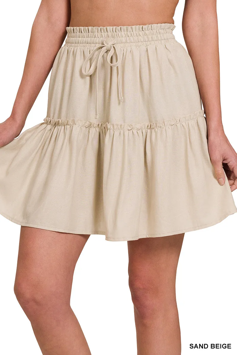 SOFT LINEN DRAWSTRING RUFFLE MINI SKIRT - Light Navy
