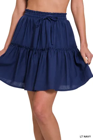 SOFT LINEN DRAWSTRING RUFFLE MINI SKIRT - Light Navy