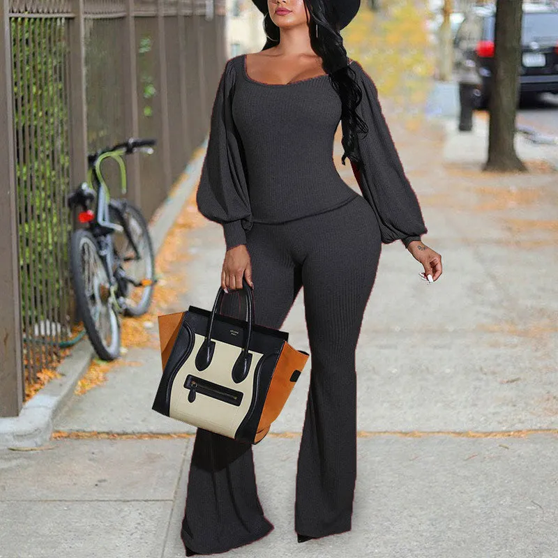Solid Lantern Long Sleeve Ribbed Bell Bottom Pants Set