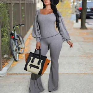 Solid Lantern Long Sleeve Ribbed Bell Bottom Pants Set