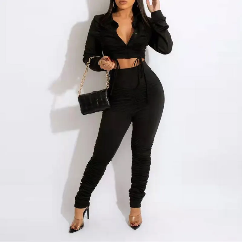Solid Long Sleeve Drawstring Crop Top & Ruched Pants Set