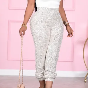 Solid Sequins High Waist Pants