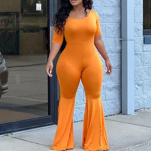 Solid Short Sleeve Bell Bottomed Jumpsuit