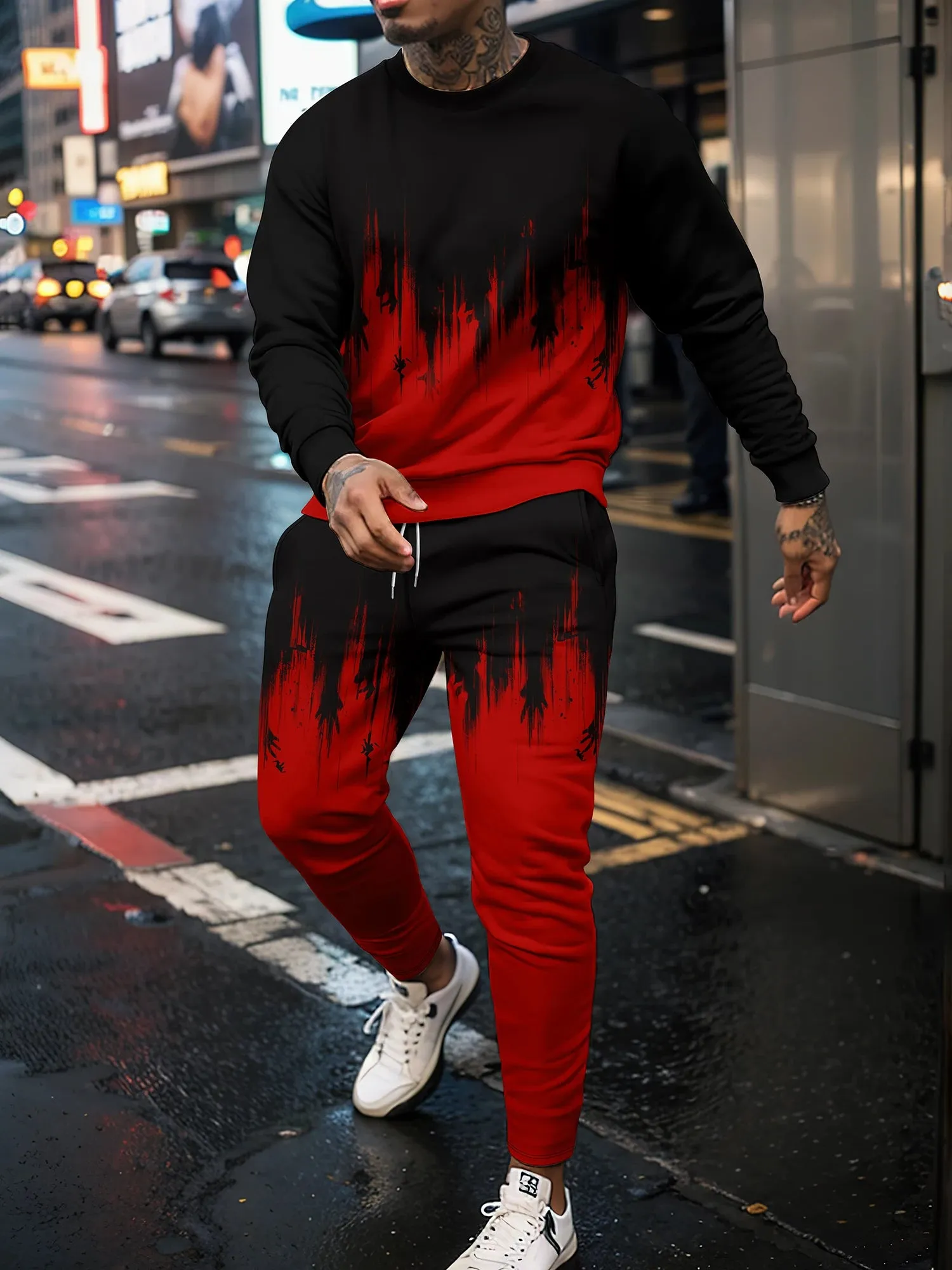 Sports shirt set with 3D patchwork hoodie sports shirt sports pants long pants men's round neck casual wear sports suit set