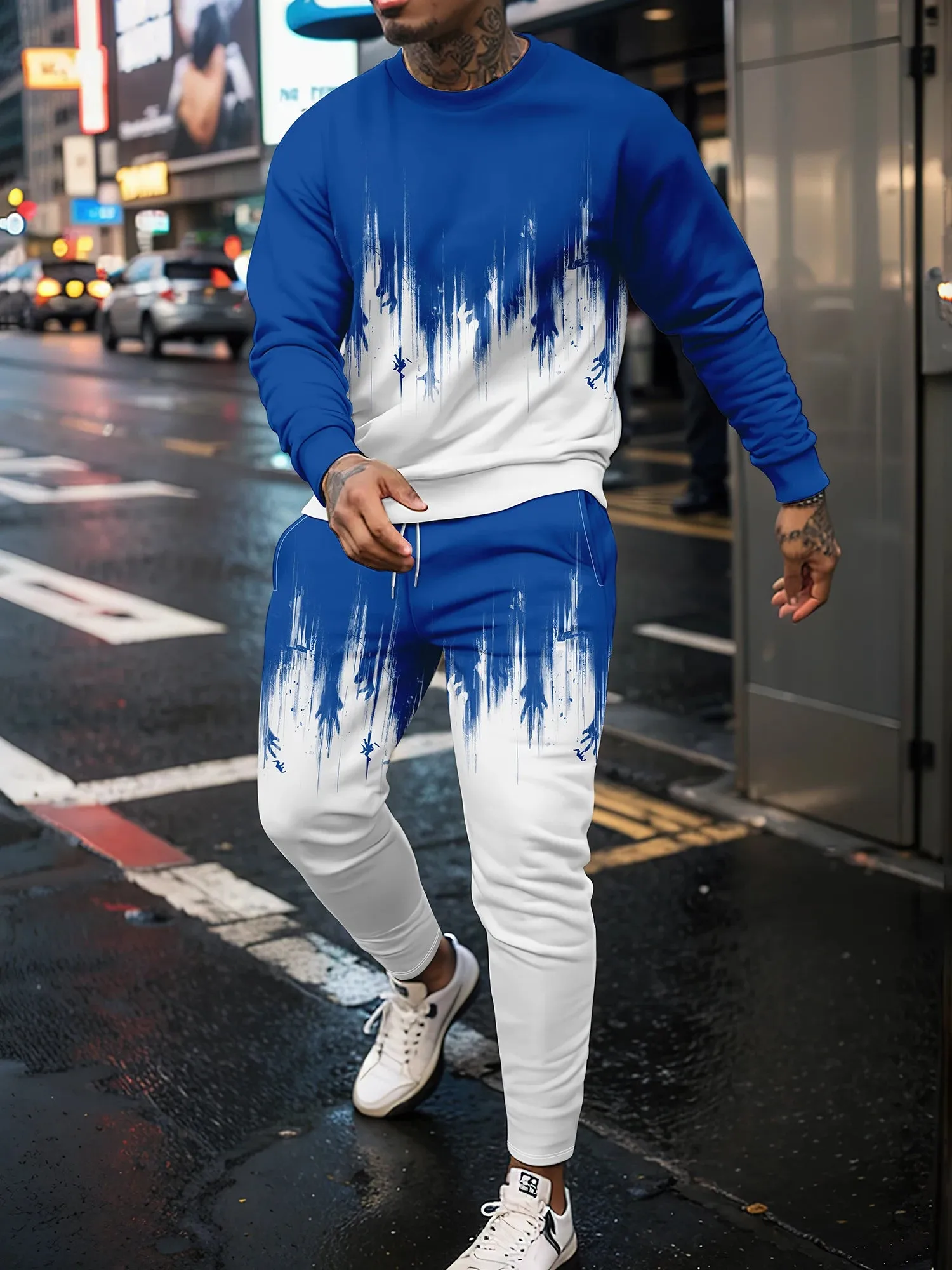 Sports shirt set with 3D patchwork hoodie sports shirt sports pants long pants men's round neck casual wear sports suit set