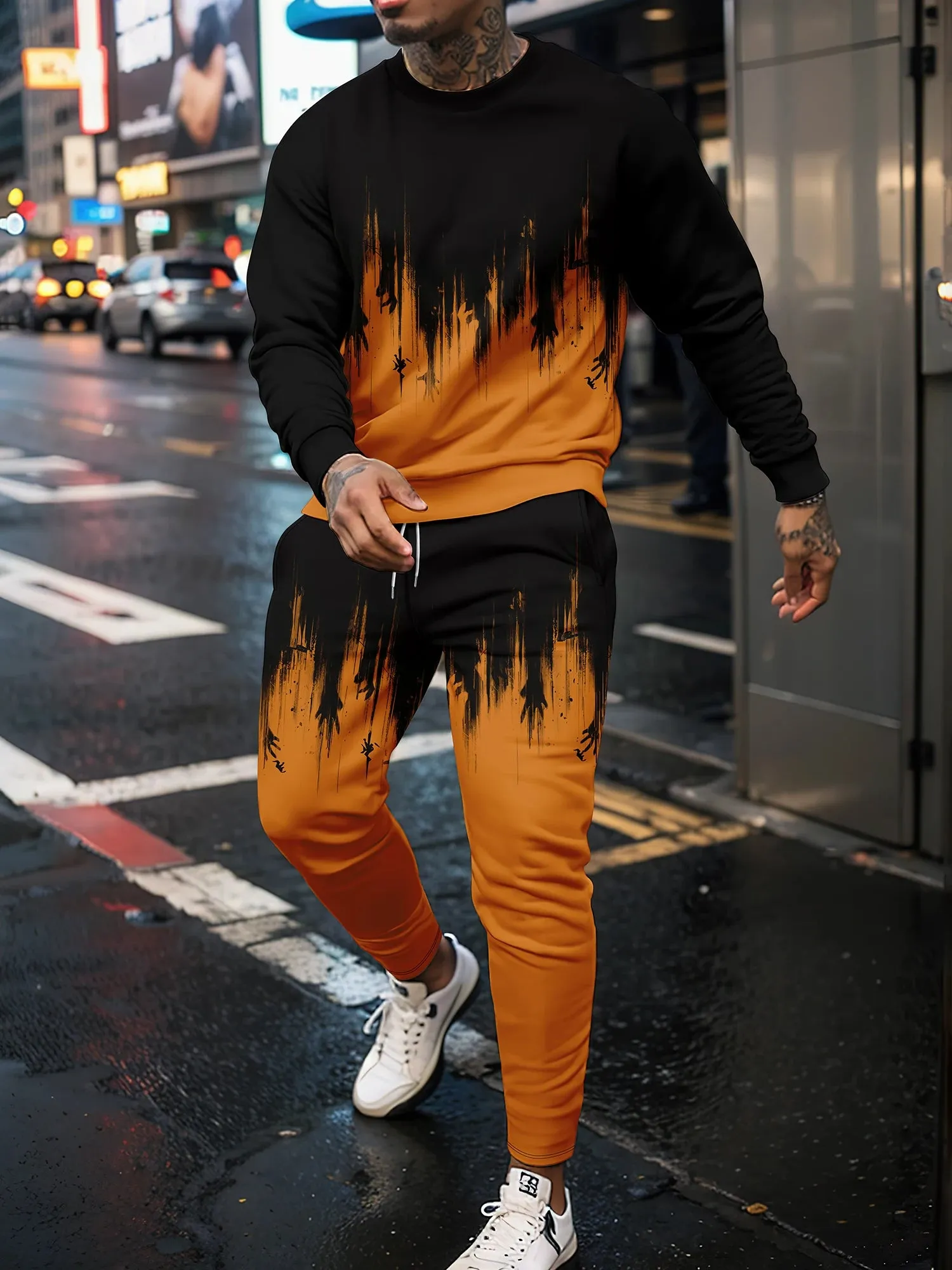 Sports shirt set with 3D patchwork hoodie sports shirt sports pants long pants men's round neck casual wear sports suit set
