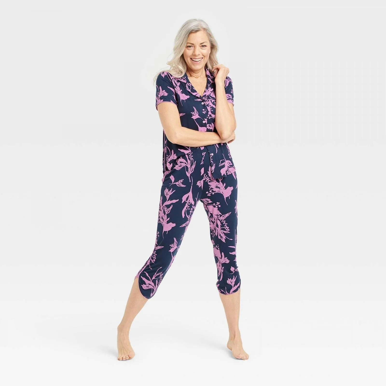 Stars Above Women's Soft Floral Print Notch Collar Cropped Pajama Set Blue M