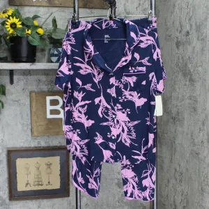 Stars Above Women's Soft Floral Print Notch Collar Cropped Pajama Set Blue M