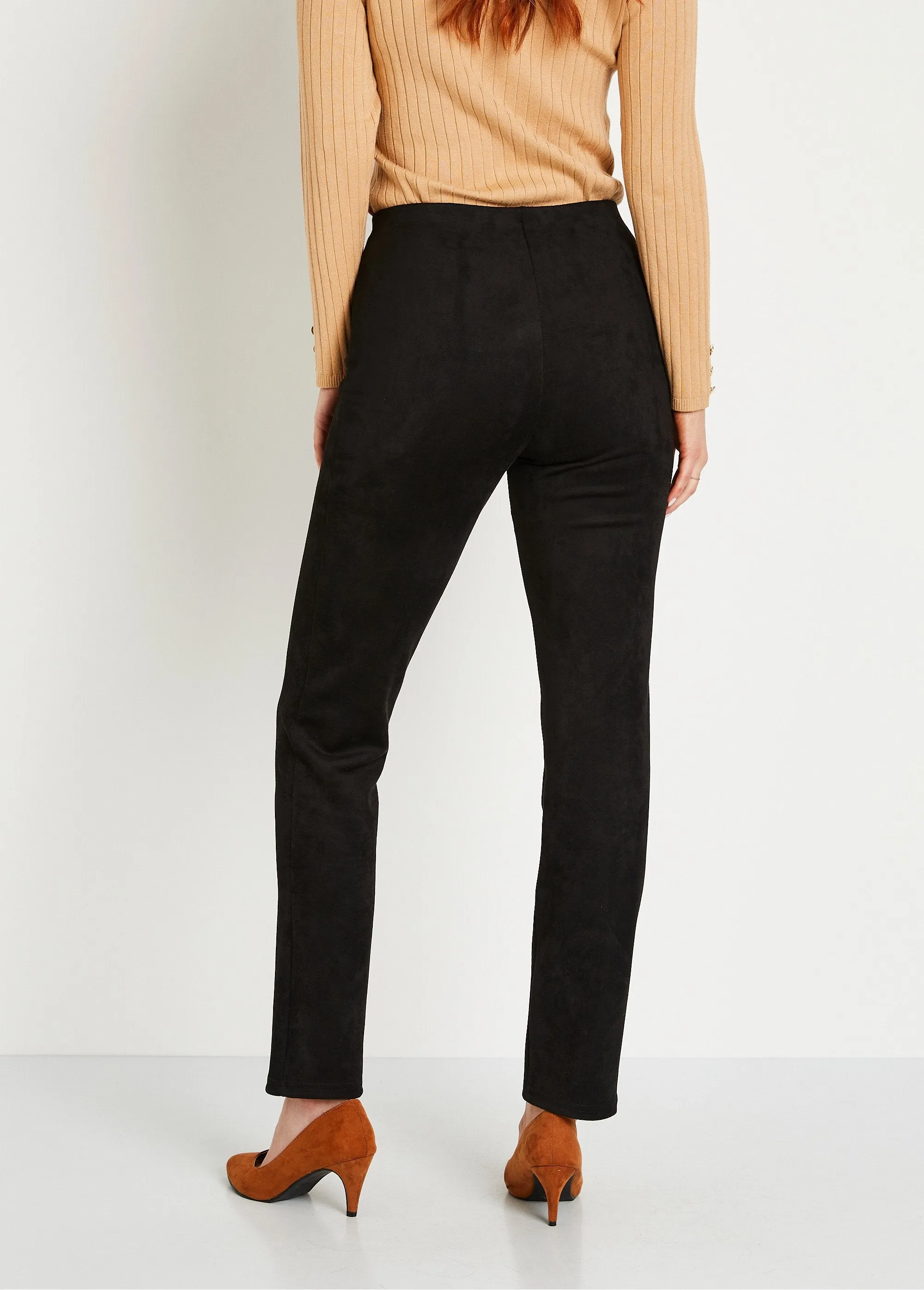 Straight-leg pants with elasticated waistband in suede knit