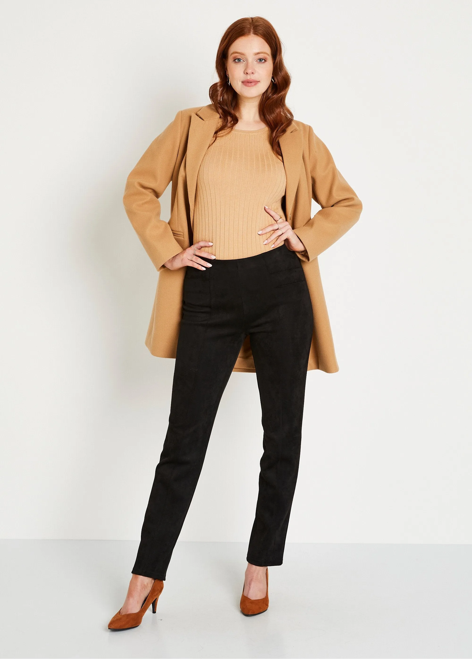 Straight-leg pants with elasticated waistband in suede knit