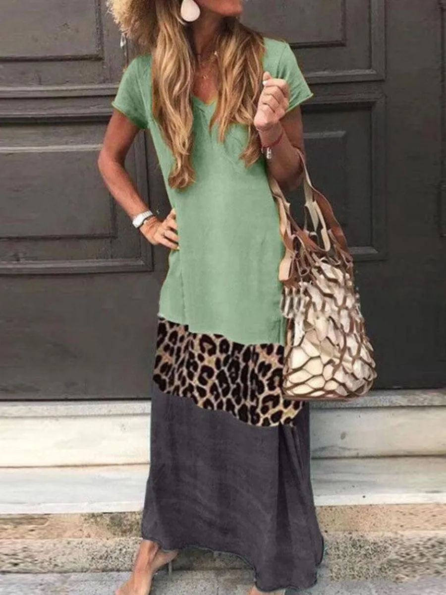 Stunncal Fashion Sweet Print Patchwork V Neck Printed Dress Dresses(4 Colors)