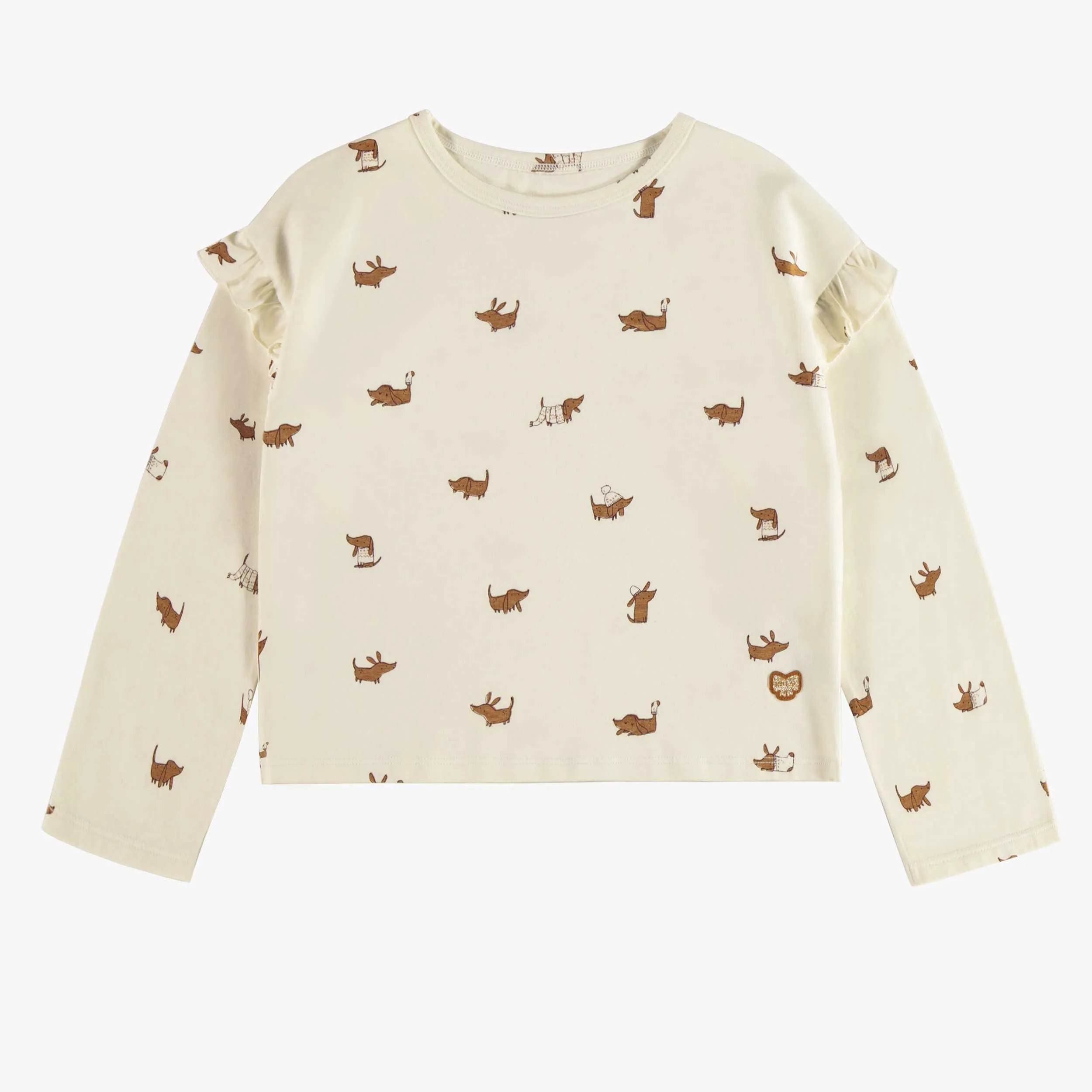 T-shirt crème à manches longues et à motif de chiens en jersey extensible, enfant || Cream long-sleeved t-shirt with dog pattern in stretch jersey, child