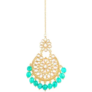 Traditional Gold Plated Aqua Beads Kundan Maangtikka For Women