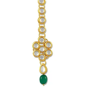 Traditional Gold Plated Green Beads Kundan Maangtikka For Women