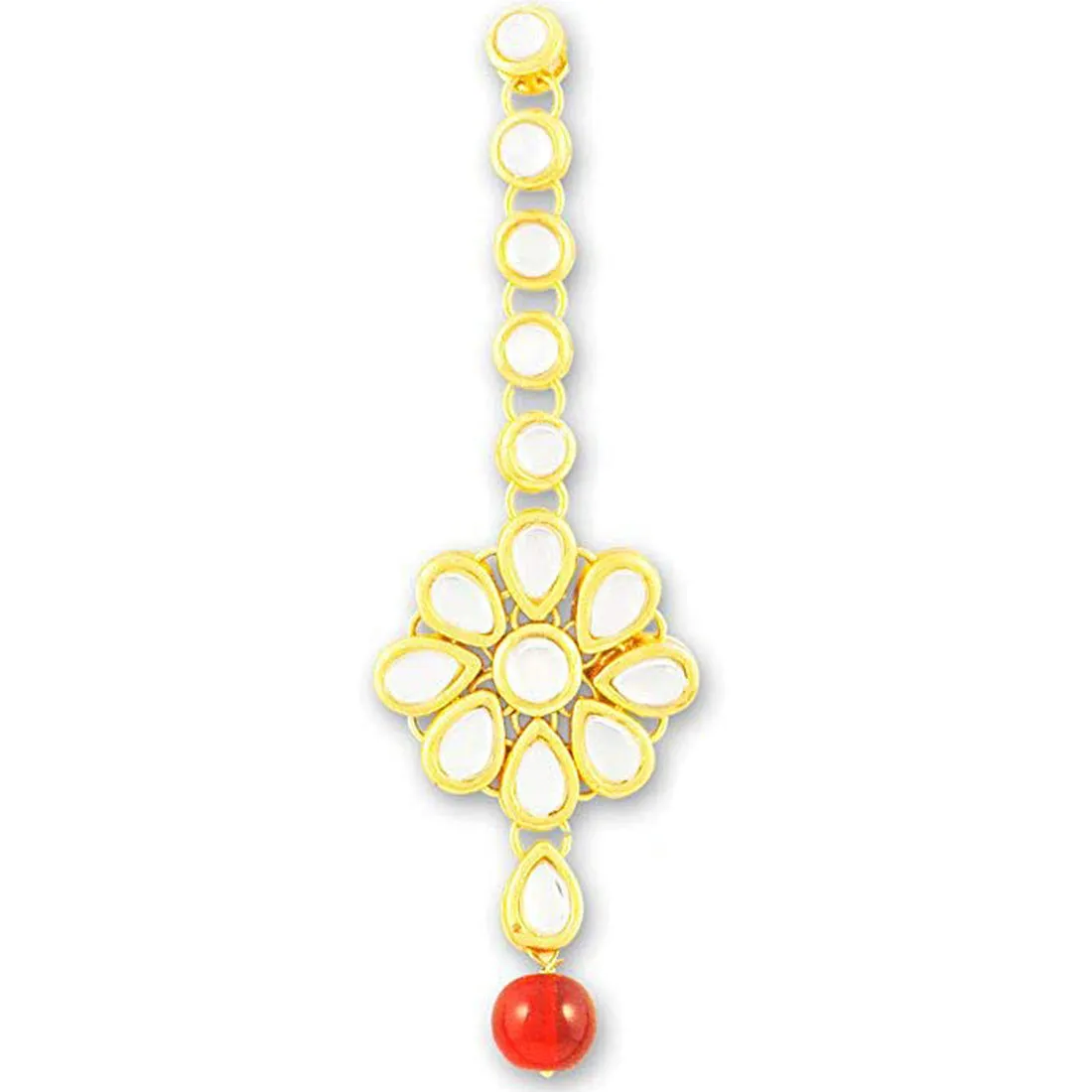 Traditional Gold Plated Red Beads Kundan Maangtikka For Women