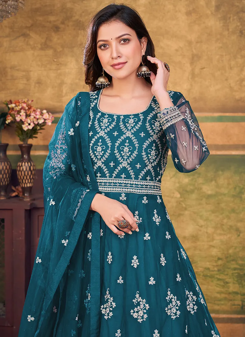 Turquoise Embroidery Traditional Festive Anarkali Suit