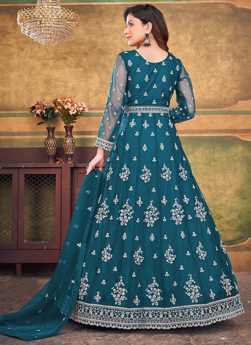 Turquoise Embroidery Traditional Festive Anarkali Suit