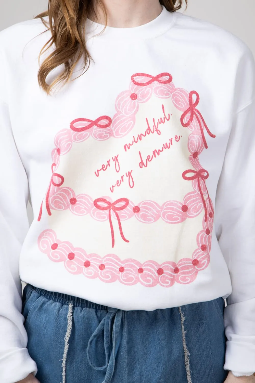 Very Mindful Very Demure Cake Graphic Fleece Sweatshirt for Women in White | 32263X-OSS-WHITE