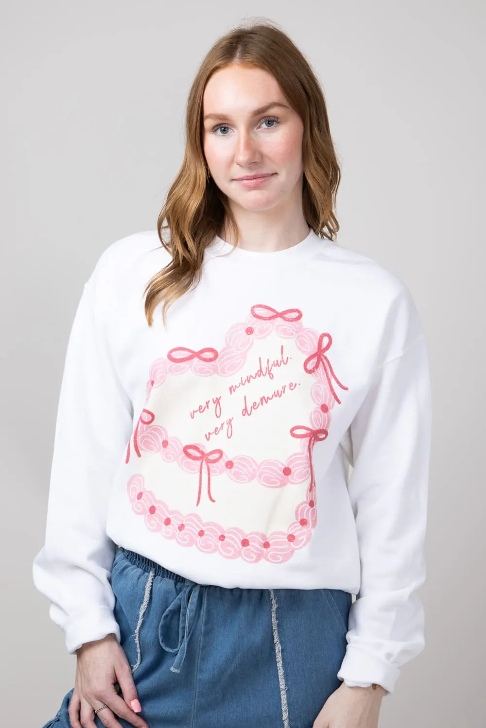 Very Mindful Very Demure Cake Graphic Fleece Sweatshirt for Women in White | 32263X-OSS-WHITE