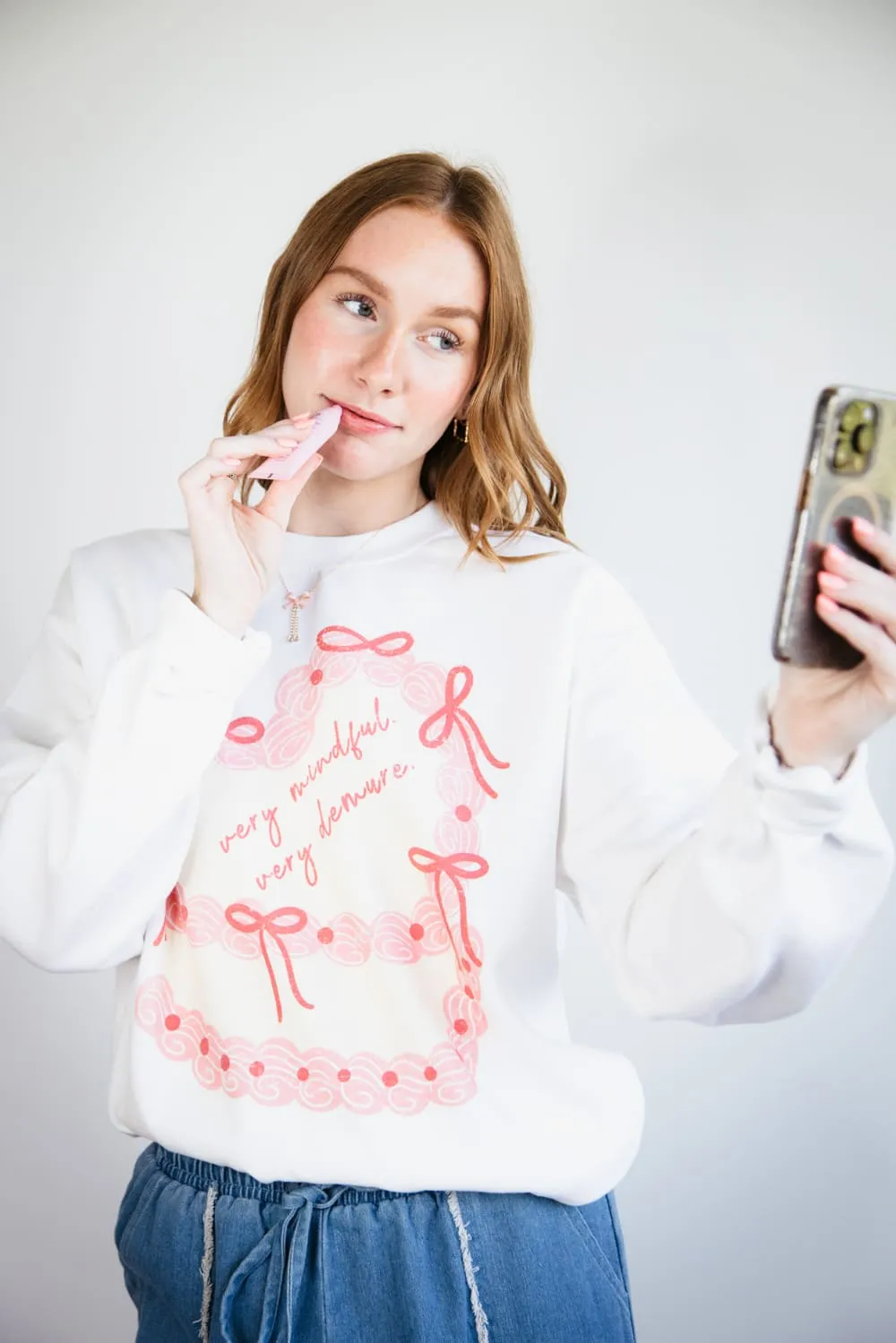Very Mindful Very Demure Cake Graphic Fleece Sweatshirt for Women in White | 32263X-OSS-WHITE