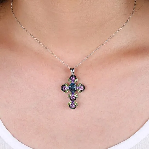 Vintage Oval-cut Natural London Blue Topaz Cross Necklace