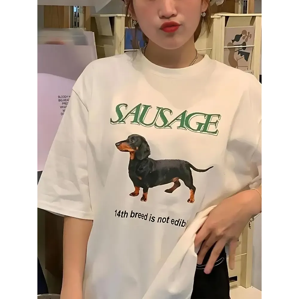 Whimsical Canine Print Cotton Tee for a Playful Y2K Style