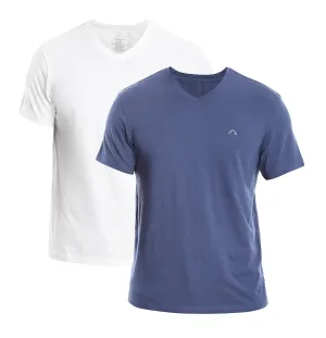 WHITE & NAVY CLEOCOTTON PREMIUM V-NECK MODAL STRETCH LOGO T-SHIRT - 2 PK