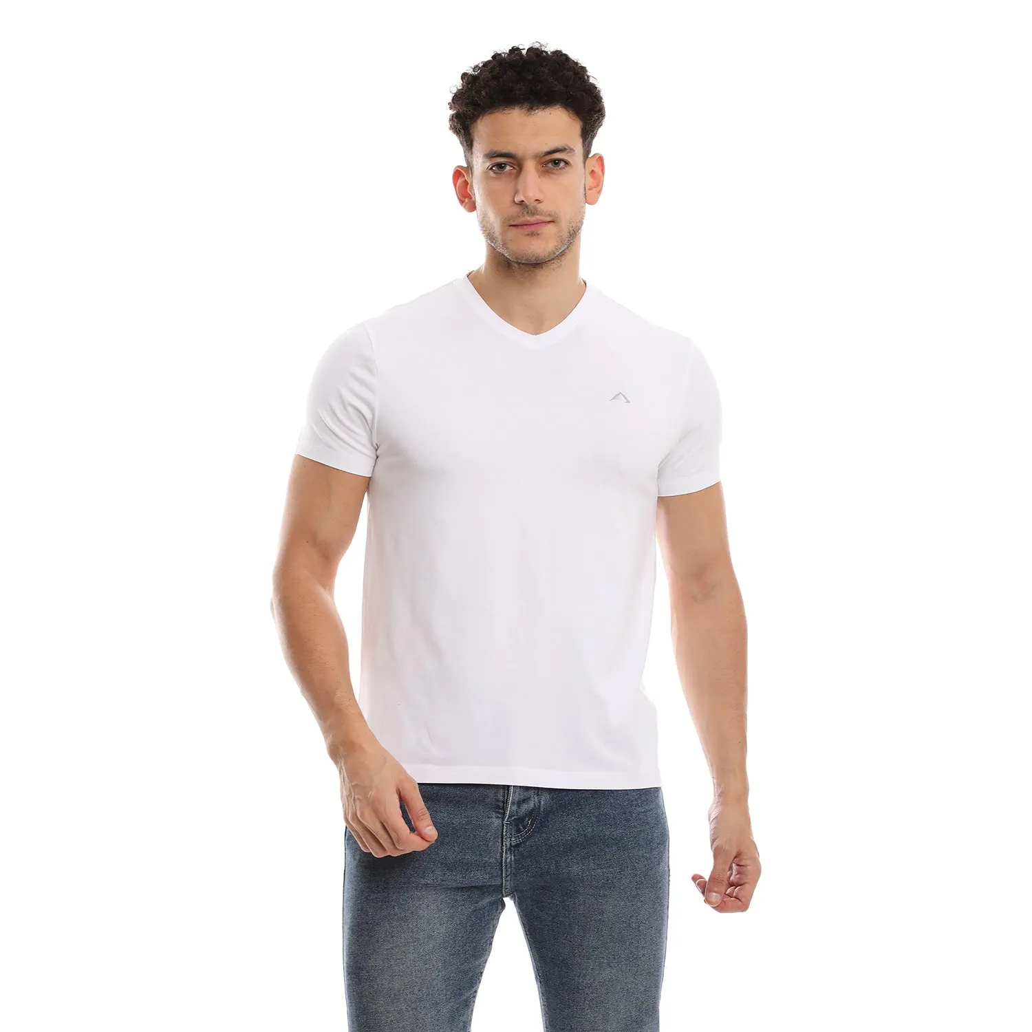 WHITE & NAVY CLEOCOTTON PREMIUM V-NECK MODAL STRETCH LOGO T-SHIRT - 2 PK
