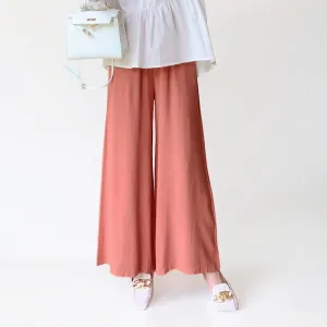 Women Wide Leg Elastic Waist Linen Cotton Straight Flare Pants