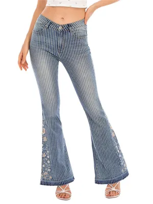 Women's Fashion 3D White Floral Embroidery Bell Bottom Striped Jeans
